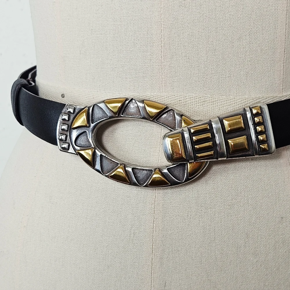 Chico's Leather Belt Mixed Metal Oval Buckle Brown Adjustable M/L